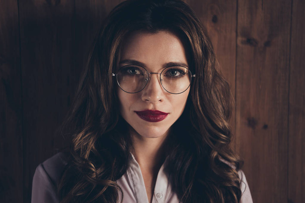 Close-up cropped portrait of cute lovely sweet adorable magnificent glamorous attractive wavy-haired lady sales manager marketer designer company founder director workplace station over wooden wall - Zdjęcie, obraz