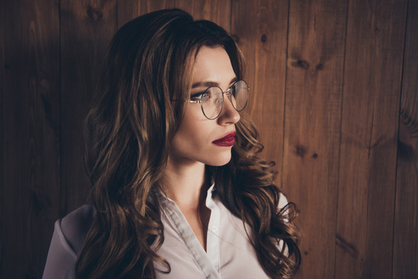 Close-up profile side portrait of nice dreamy lovely attractive trendy glamorous calm wavy-haired lady burgundy lips company developer work place station over wooden wall - Foto, afbeelding