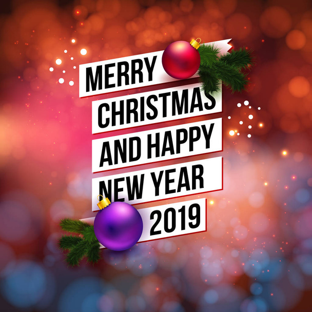 Festive, colorful background with sparkling, glowing, bokeh light effects. Typographic black text on white ribbon with realistic Christmas balls and green branches. Vector illustration. - Vector, Image