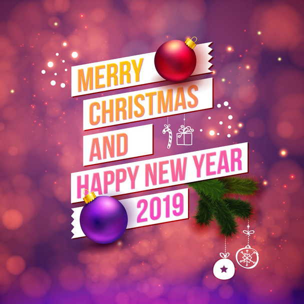 Festive, blurred purple background. Sparkling, bokeh light effects. White ribbon, typographic multicolored text. Realistic Christmas balls, fir tree branch, hand drawn elements. Vector illustration. - Vector, Image