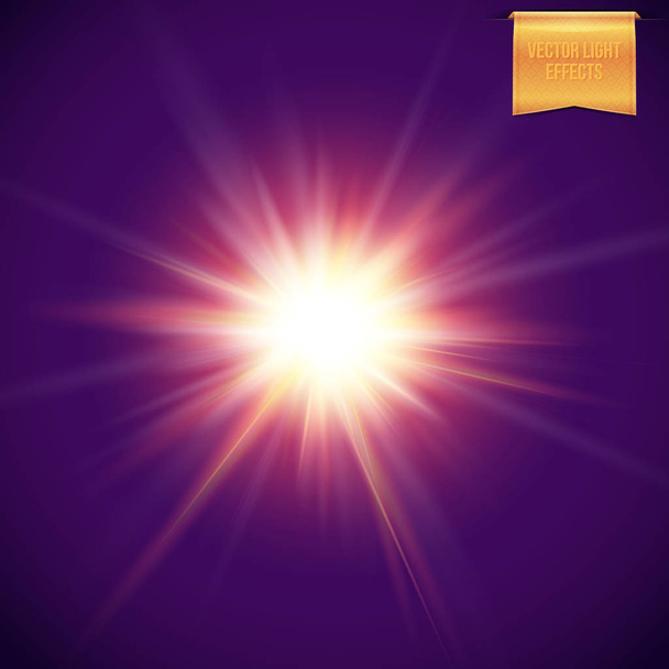 realistische, helle, glühende Sonne, Stern platzt auf dunkelviolettem Hintergrund. Strahlendes Licht, Fackellichteffekte. Vektorillustration.  - Vektor, Bild