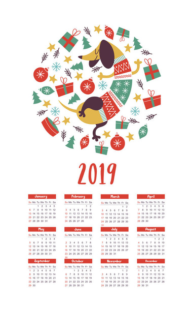 Vector calendar template 2019. Cute funny Dachshund dog wearing a knitted sweater. Christmas decorations and gifts. New years illustration. - Vector, Image