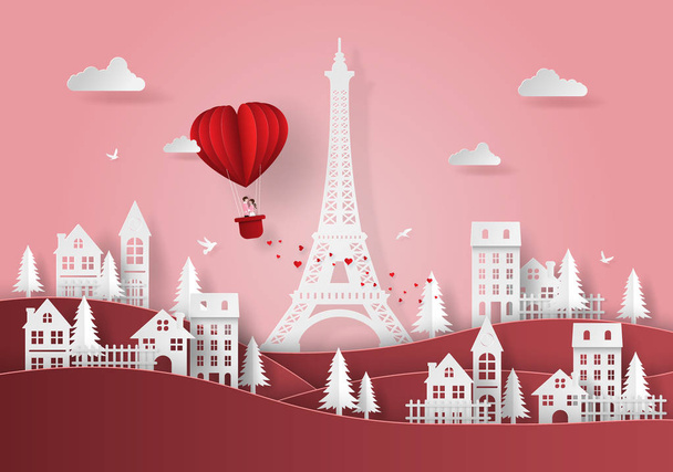 Origami Paper art of Cute couple on red heart shaped balloon floating over the village and Eiffel Tower, Love and Happy Valentine's Day - Vector, Image