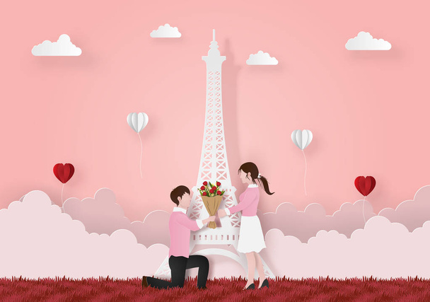 Origami Paper art of Cute couple of man on his knee giving flower bouquet to girlfriend, Love and Happy Valentine's Day - Vektor, obrázek