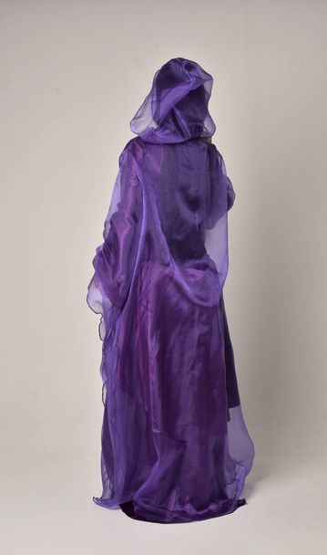 портрет красивої дівчини з довгим чорним волоссям, у фіолетовому фентезійному середньовічному платті та плащі. стояча поза на сірому студійному фоні
. - Фото, зображення