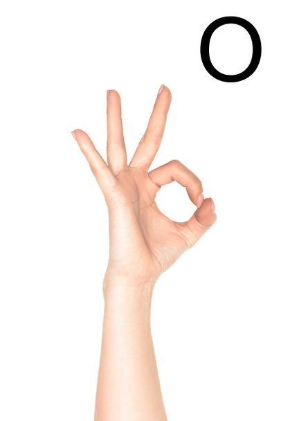 oříznutý pohled ženské ruky, zobrazeno písmeno cyrilice, hluchoněmý jazyk, izolované na bílém - Fotografie, Obrázek