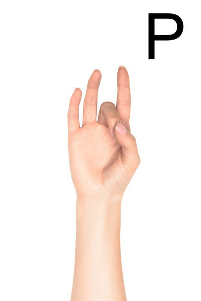 partial view of female hand showing cyrillic letter, deaf and dumb language, isolated on white - 写真・画像
