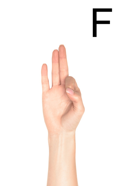 female hand showing latin letter - F, sign language, isolated on white - Foto, afbeelding