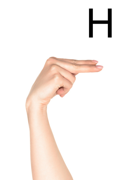 ラテン文字 - H、手話、白で隔離を示す女性の手 - 写真・画像