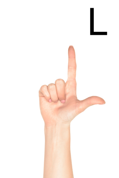 vrouwelijke hand tonen brief - L, doof en stom Latijn, geïsoleerd op wit - Foto, afbeelding