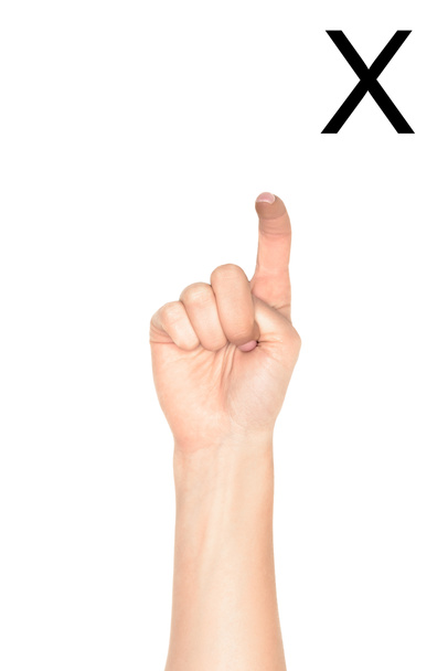 vista recortada da mão feminina mostrando letra latina - X, língua surda e muda, isolada em branco
 - Foto, Imagem