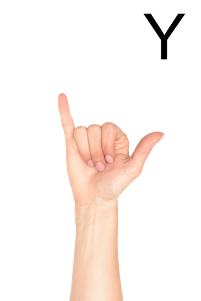vista parcial de la mano femenina mostrando letra latina - Y, lenguaje sordo y mudo, aislado en blanco
 - Foto, imagen