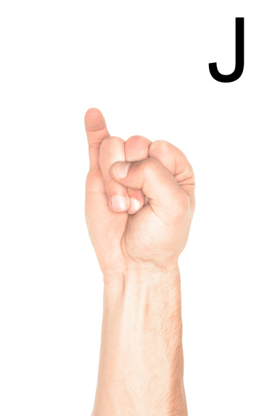 cropped view of hand showing latin letter - J, deaf and dumb language, isolated on white - Foto, imagen