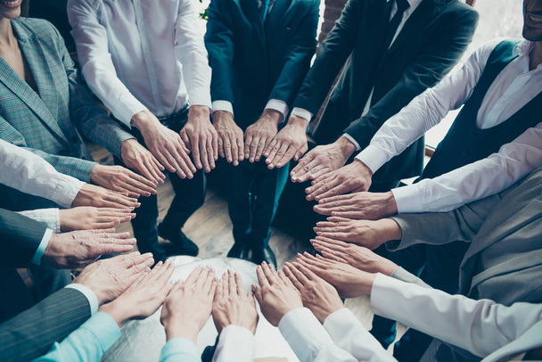 Teambuilding concept. Close up view photo of hr human agent entrepreneur investor economists make round circle stand one by one showing best relationship in organization - Fotografie, Obrázek