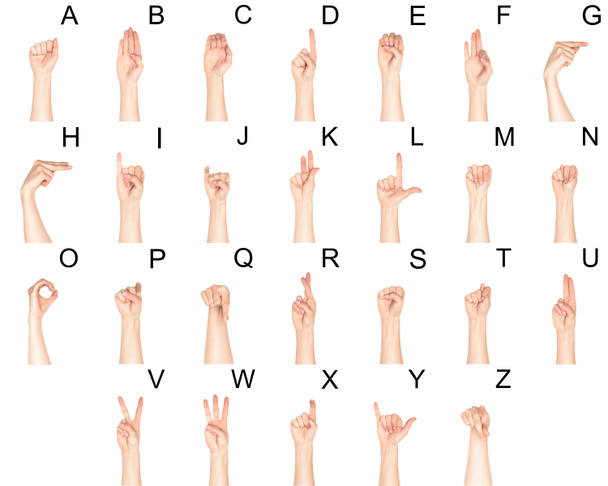conjunto de lenguaje sordo y mudo con manos femeninas y alfabeto latino, aislado en blanco
 - Foto, Imagen