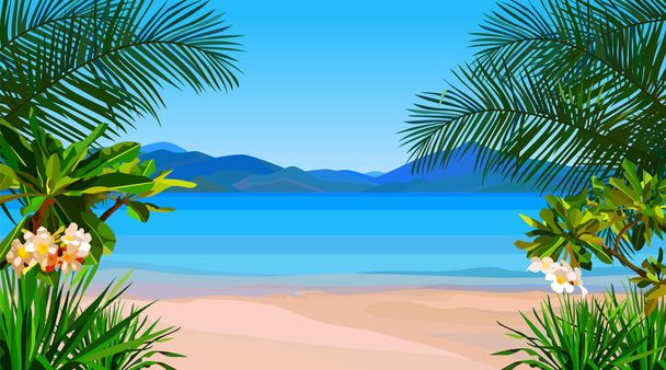 hermosa costa de dibujos animados del mar turquesa con plantas tropicales
 - Vector, Imagen