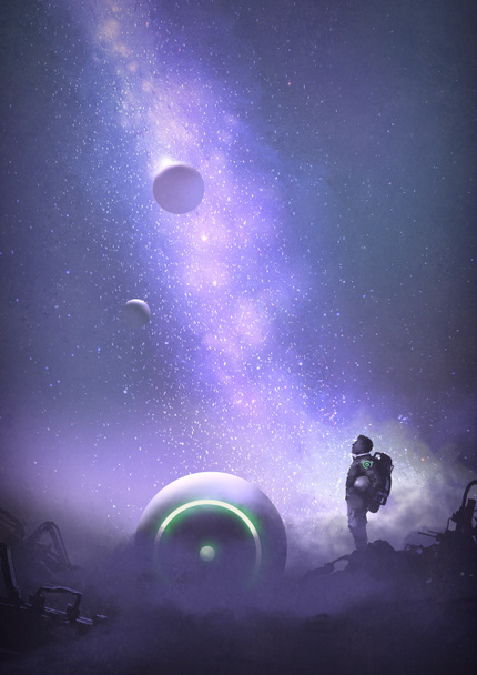 astronauta na opuszczonej planety, patrząc w niebo gwiaździste, styl sztuka cyfrowa, ilustracja, malarstwo - Zdjęcie, obraz