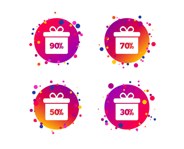 Sale gift box tag icons. Discount special offer symbols. 30%, 50%, 70% and 90% percent discount signs. Gradient circle buttons with icons. Random dots design. Vector - Vector, imagen