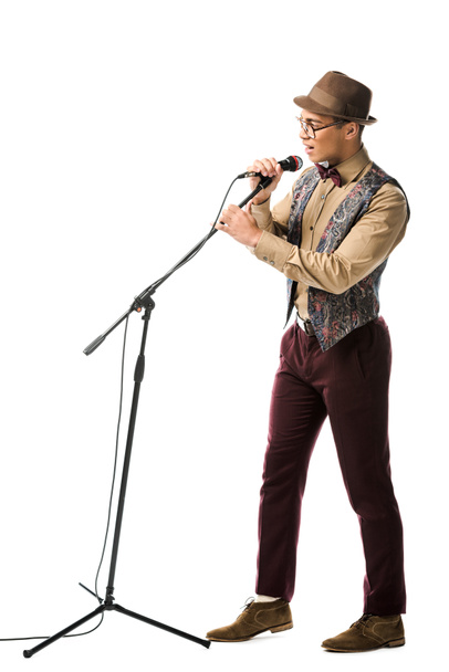 stijlvolle jonge mannelijke musicus in hoed en bril zingen in de microfoon geïsoleerd op wit - Foto, afbeelding