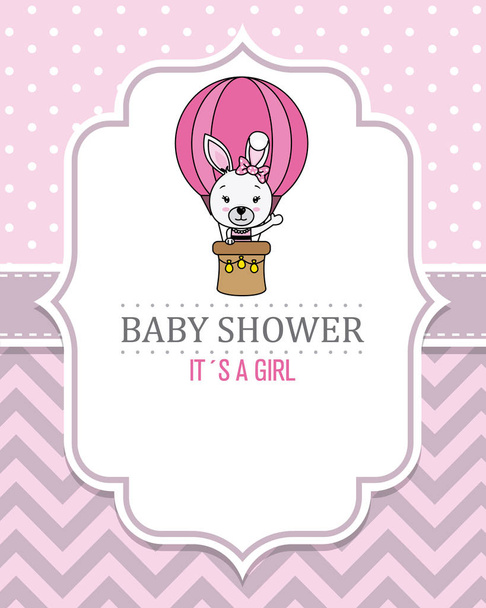 baby girl shower card. rabbit flying in a balloon. Space for text - Vector, Image