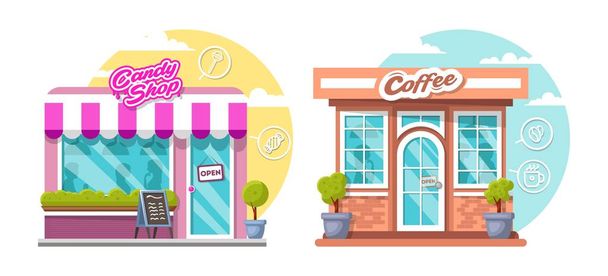 Candy shop και καφέ σπίτι έννοια. Επίπεδη σχεδίαση δημόσια κτίρια της πόλης με βιτρίνες και διαφορετική εσωτερική διακόσμηση. - Διάνυσμα, εικόνα