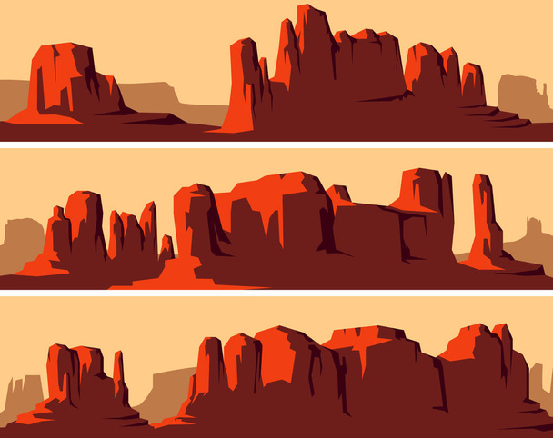 Set of vector stylized banner of wild west desert area with rocks (Monument Valley) at sunset. - Vector, Image