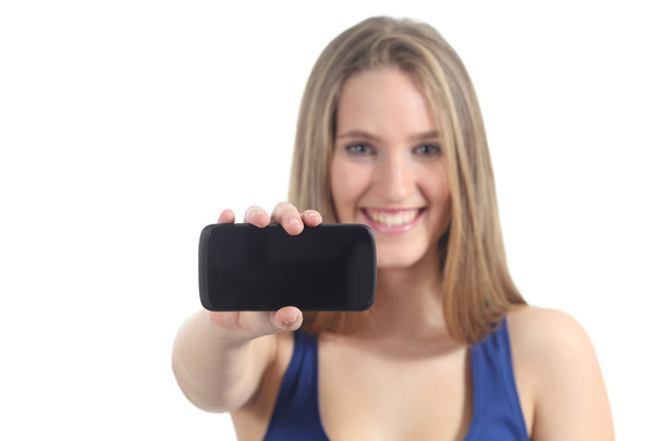 Woman showing a mobile phone screen - Foto, Imagem