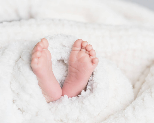 Yakın çekim yeni doğan bebek battaniye ayaklarda. Küçük çocuk ayak peluş sevimli tekstil astar içinde rahat makro fotoğraf - Fotoğraf, Görsel