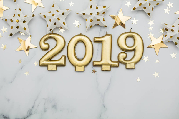 Happy new year 2019 with gold stars on a marble background - Foto, Imagem