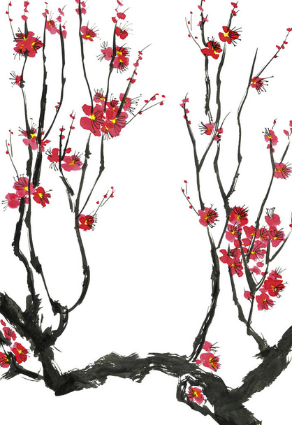 Une branche d'un arbre en fleurs. Fleurs roses et rouges stylisées de prune mei, abricots sauvages et sakura. Aquarelle et illustration à l'encre dans le style sumi-e, u-sin. Peinture traditionnelle orientale
.   - Photo, image