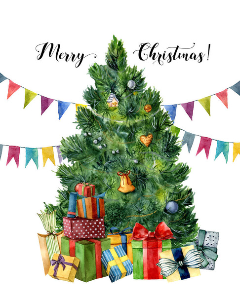 Noel ağacı, hediyeler ve bayrak çelenk ile suluboya kartı. El hediye kutuları ile yay, çam ağacı beyaz arka plan üzerinde izole Noel oyuncaklar ile boyalı. Tatil esnaf için tasarım, yazdırma - Fotoğraf, Görsel