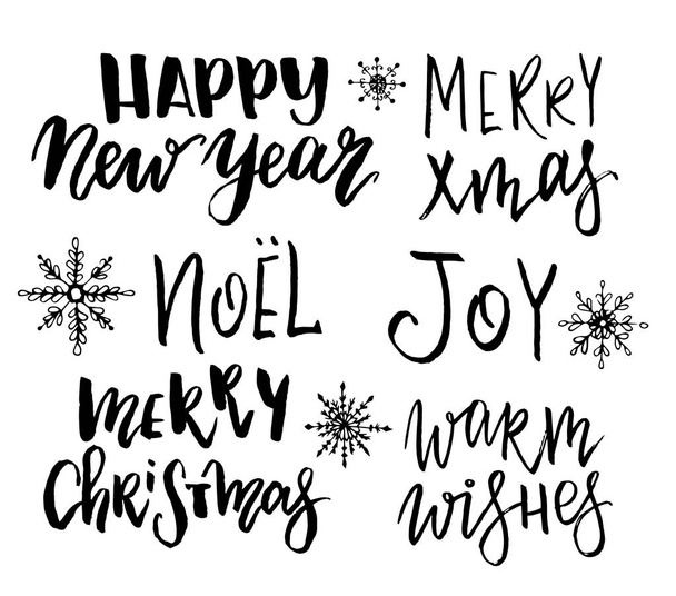 クリスマス ベクトル雪片やフレーズ。手描きのレタリングは、白い背景で隔離。明けましておめでとう。メリークリスマス。喜び。ノエル。暖かい願い。メリー クリスマス。デザイン、印刷の書道テキスト - ベクター画像