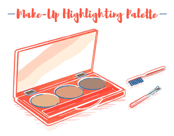 Pencil and textured style orange vector illustration of a beauty utensil highlighting box palette with a mirror. - Vector, Image