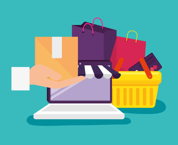 laptop technology to shopping online with basket and bags - Vector, Image