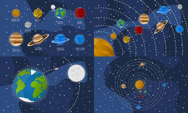 Set of 4 Solar system illustrations and Solar system planets icons. Vector Illustrations. Each illustration on separate layers - Vector, Image
