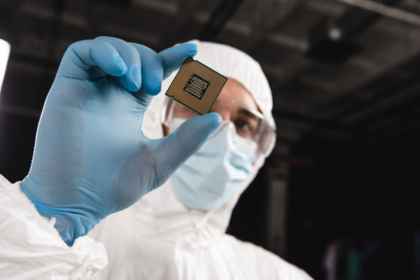 selective focus of microprocessor in hand of scientist wearing latex glove  - Photo, Image