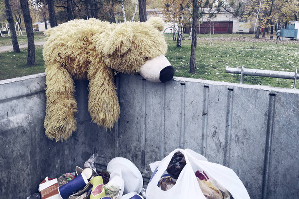 Abandoned teddy bear in the trash can. The symbol of leaving childhood, growing up - Photo, Image