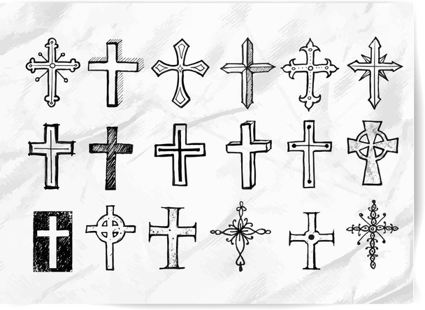 Velká sada černých doodle skica kříže na pozadí papíru grunge. Vektorové ilustrace - Vektor, obrázek