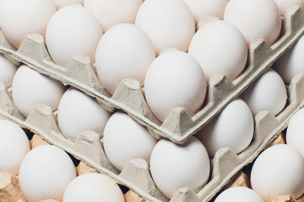 Several white eggs in an egg carton. - 写真・画像