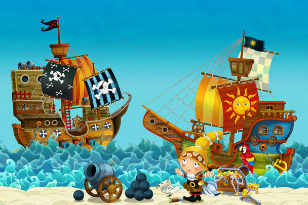 Cartoon scene of beach near the sea or ocean - pirate captain woman on the shore and treasure chest - pirate ships - illustration for children - Foto, Imagem
