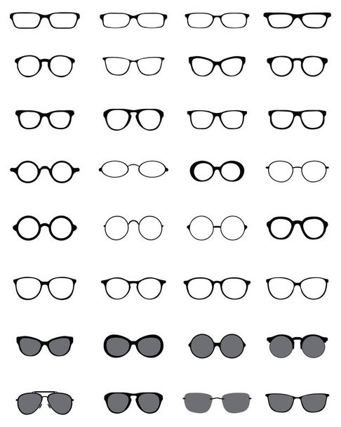 Silhuetas pretas de óculos diferentes em um fundo branco - Vetor, Imagem