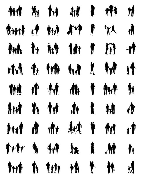 Black silhouettes of families in walking on white background - Vector, Image