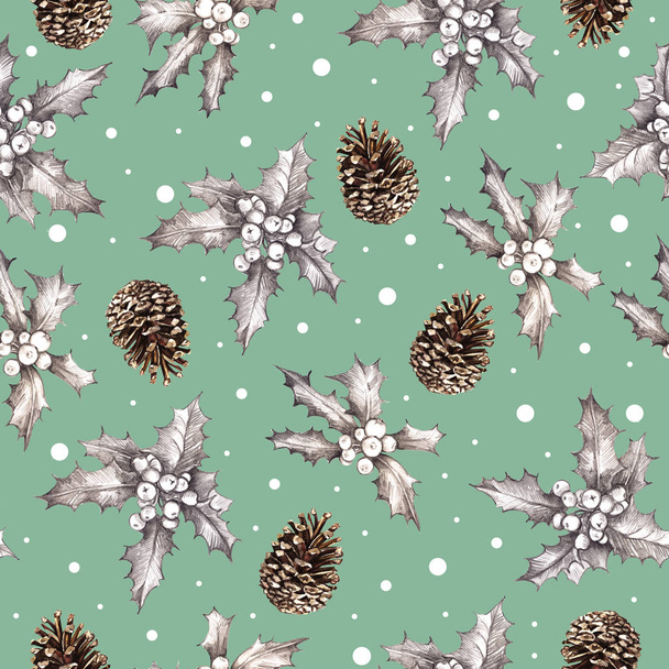 Christmas seamless with holly branches and pine cones. Graphic pattern. Line art, pencil. Watercolor leaves and cones. Seamless ornament for decoration of various decorative surfaces - 写真・画像