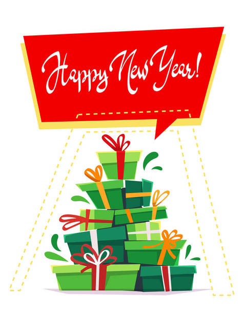 boldog új évet üdvözlő Képeslap-meghívó, sok-sok díszdobozok, ajándék, háromszög állvány karácsonyfa formában, szalag íj, callygraphy szöveget kézzel rajzolt betűkkel jel vektor elszigetelt verem - Vektor, kép