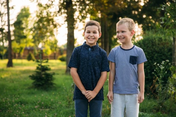 Двоє дітей хлопчиків друзі ходять в парку в сонячний літній день. братів
 - Фото, зображення