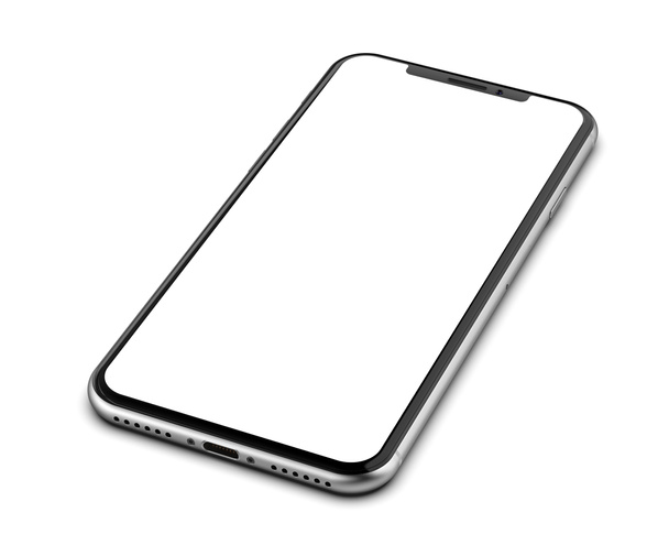 silbernes Smartphone mit leerem Bildschirm, isoliert auf weißem Hintergrund. - Foto, Bild