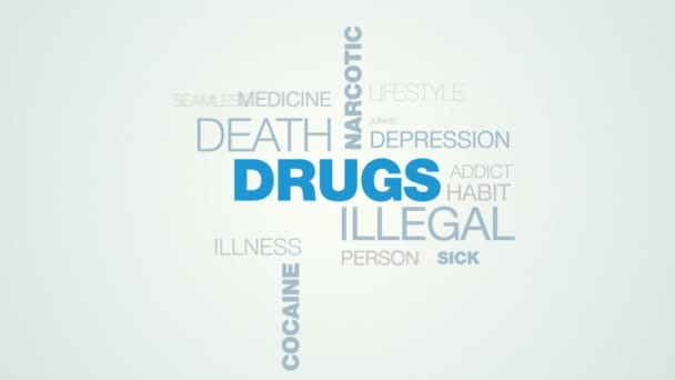 drogas muerte ilegal narcótico asocial palabra nube apear en el blanco azul gradiente fondo, también utiliza animado sobredosis inyección adicción heroína palabra como fondo en uhd 4k 3840 2160
 - Metraje, vídeo
