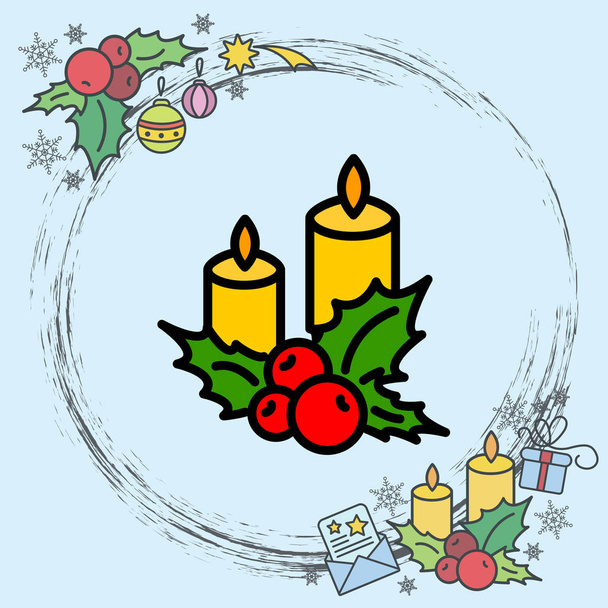 Het pictogram van de lijn van het web. Kerst kaars en holly berry - Vector, afbeelding