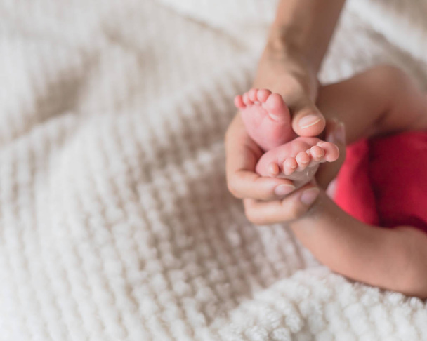Nahaufnahme neugeborener Füße in den Handflächen ihrer Mutter, Liebe und Schutzkonzept Foto - Foto, Bild