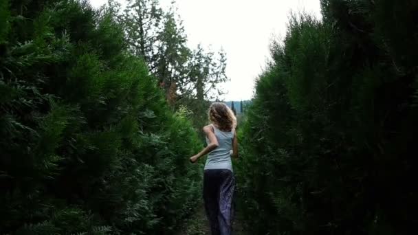 Mujer rizada huye hacia el abeto y los arbustos esponjosos, cámara lenta
 - Metraje, vídeo